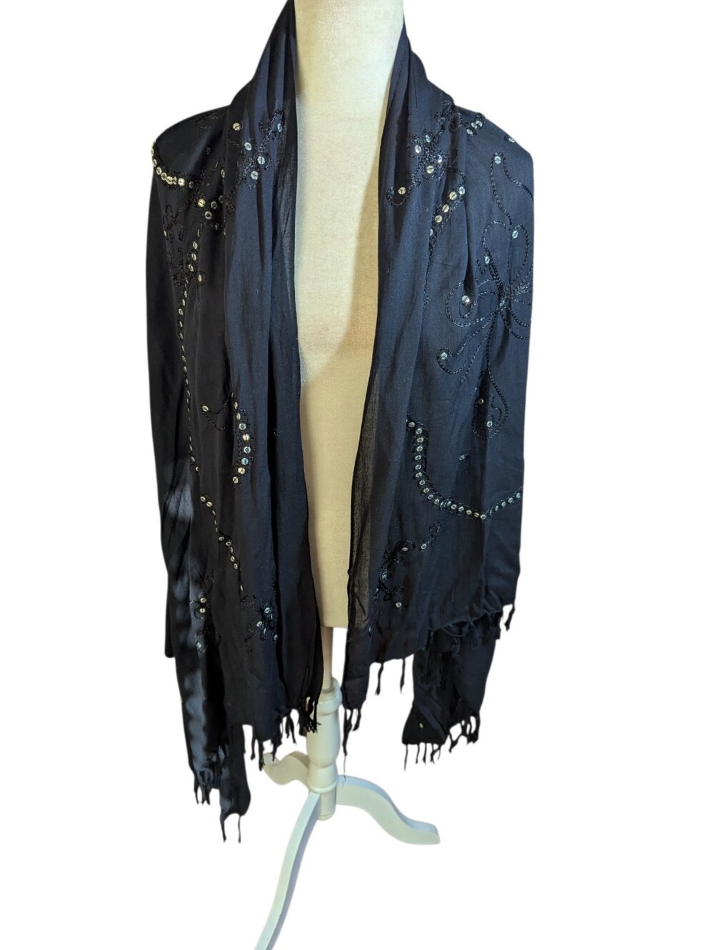 Black Fringe Shawl Wrap Scarf Sequin Embellished. OS
